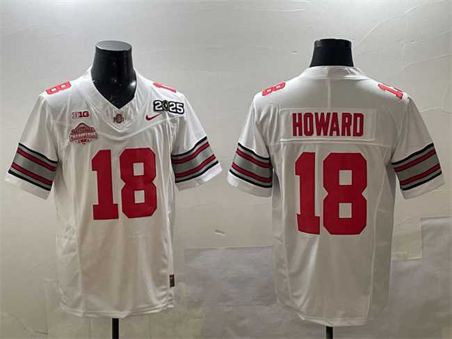 Mens Ohio State Buckeyes #18 Will Howard White 2025 CFP Final With National Champions Patch F.U.S.E. Vapor Limited Stitched Jersey